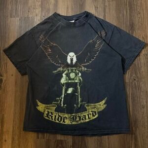Black Harley Davidson Ride Hard eagle riding motorcycle‎ AOP graphic tee